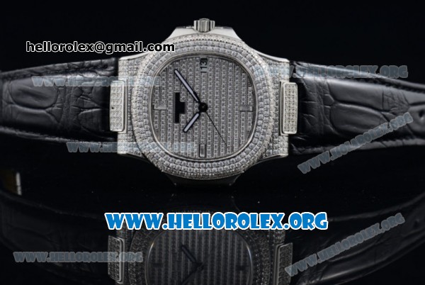 Patek Philippe Nautilus Miyota 9015 Automatic Steel Case with Diamond Dial and Black Leather Strap - Click Image to Close